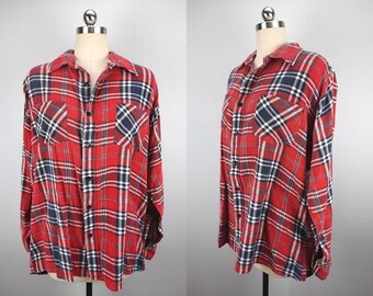 Vintage red plaid super worn nubby flannel shirt