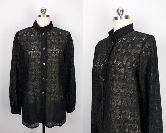 Vintage black lace button down tunic with front po
