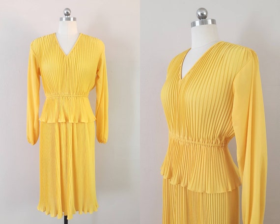 Vintage yellow pleated Jonathan Logan peplum dress - image 1