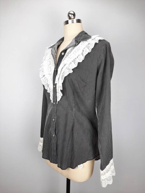 Vintage black and white micro striped shirt with … - image 2