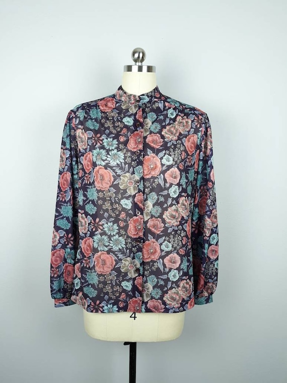 Vintage purple floral semi sheer button down blouse - Gem