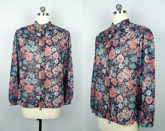 Vintage purple floral semi sheer button down blouse