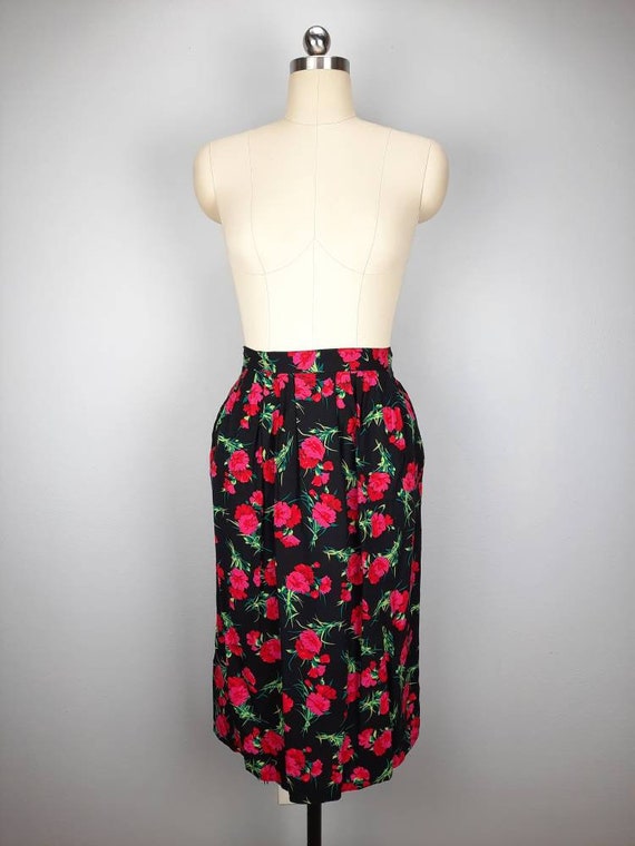 Vintage black pink and red floral midi skirt - image 2