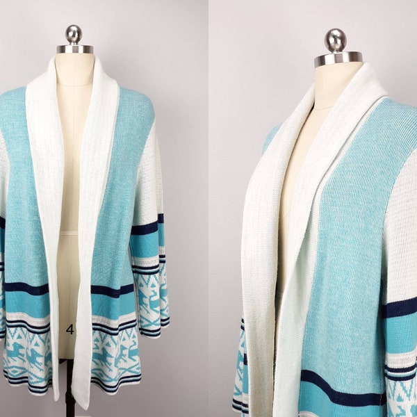 Vintage minty blue 70s graphic knit open cardigan with bell sleeves