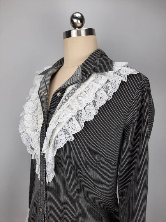 Vintage black and white micro striped shirt with … - image 7