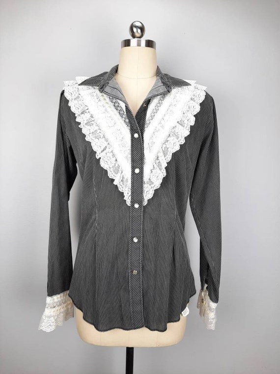 Vintage black and white micro striped shirt with … - image 3