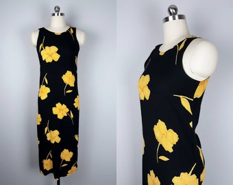 Vintage black and yellow floral graphic print 90s maxi sheath dress