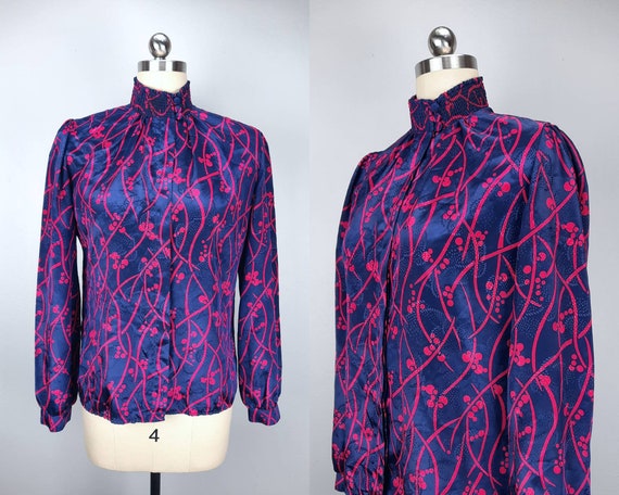 Vintage navy and fuschia bold print shiny blouse … - image 1