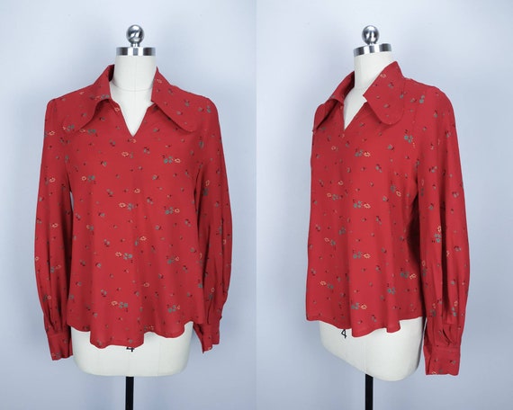 Vintage red mutton sleeve boho blouse with rounde… - image 1