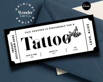 May include: A black and white tattoo voucher with the word "Tattoo" and a tattoo machine illustration. The voucher includes fields for date, time, and recipient's name. The design features the text "Love, Alice" and "Insert Occasion Here."