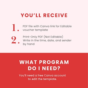 May include: Red and white graphic with the text "YOU'LL RECEIVE" and a numbered list of two items. The first item is a PDF file with a Canva link for an editable voucher template. The second item is a print-only PDF that is not editable. The graphic also includes the text "WHAT PROGRAM DO I NEED?" and the text "You'll need a free Canva account to edit the template."