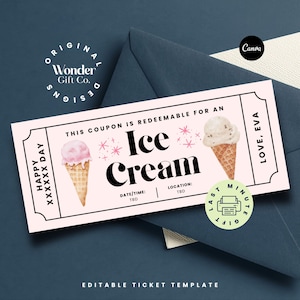 Cupones de helado, Fiesta de helados, Cupones imprimibles, Cumpleaños de helados, Cupón personalizado, Boleto sorpresa, Cupón de comida, Plantilla de boleto