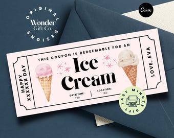 Ice Cream Coupons, Ice Cream Party, Printable Vouchers, Ice Cream Birthday, Custom Voucher, Surprise Ticket, Food Coupon, Ticket Template
