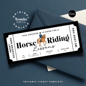 May include: A black and white ticket-style voucher for horse riding lessons. The ticket features an illustration of a person riding a horse, with text that reads "Horse Riding Lessons". The voucher includes fields for occasion, name, and date.