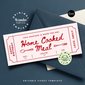 Hausgemachte Mahlzeit Gutschein Geschenk, Benutzerdefinierte Gutschein, Geschenkgutschein, Dinner Ticket, bedruckbarer Gutschein, bearbeitbarer Gutschein, Kokette Geburtstagsgutschein