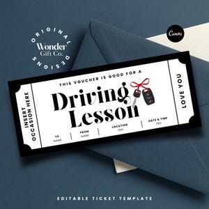May include: A black and white ticket-style voucher for a driving lesson, featuring the words "Driving Lesson" in bold font. The voucher includes space for recipient and date details, and a graphic of car keys tied with a red ribbon. The background is a dark blue.