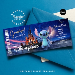 Może przedstawiać: Szablon biletu do Disneylandu z postacią Stitcha z filmu Lilo & Stitch. Bilet ma niebiesko-fioletowe tło z zamkiem Disneylandu. Tekst zawiera "Surprise! We're going to Disneyland" i "Admit One".