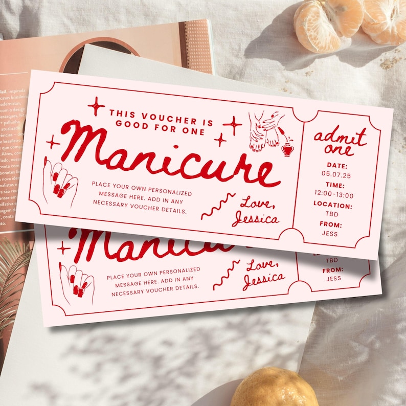 Manicure Voucher Gift Coupon,Editable Personalized Ticket, Nail Salon Ticket,Birthday Gift Vouchers Certificate,Printable Voucher, Madi Pedi image 2