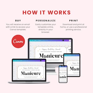 May include: A digital illustration of a printable gift certificate template for a manicure. The template is designed with a confetti background and features the text "Happy Birthday Hannah" and "This voucher is good for one Manicure".