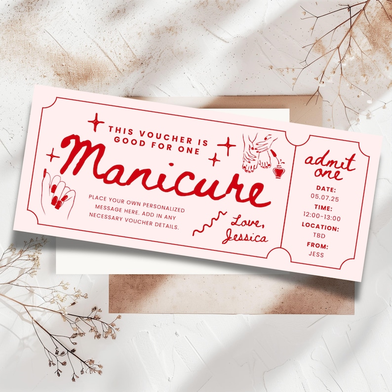 May include: Pink and red printable gift certificate for a manicure. The text reads "This voucher is good for one Manicure". The voucher also includes a space to add a personalized message, date, time, location, and from.