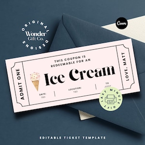 Ice Cream Coupons, Ice Cream Party, Printable Vouchers, Ice Cream Birthday, Custom Voucher, Surprise Ticket, Food Coupon, Ticket Template