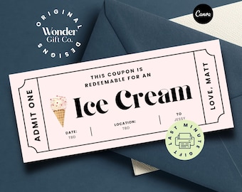 Ice Cream Coupons, Ice Cream Party, Printable Vouchers, Ice Cream Birthday, Custom Voucher, Surprise Ticket, Food Coupon, Ticket Template
