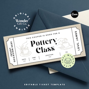 Cupón para clases de cerámica, ticket para alfareros, alfareros de arcilla, certificado de regalo para clases de cerámica personalizadas y hechas a mano, plantilla de ticket sorpresa
