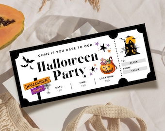 May include: A black and white Halloween party ticket with the text "COME IF YOU DARE TO OUR Halloween Party". The ticket features a pumpkin, bats, stars, and a haunted house. The ticket is for Alexa from Tylor.