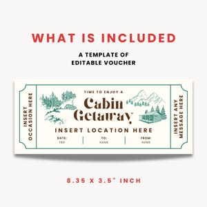 K&ouml;nnte beinhalten: Eine Vorlage f&uuml;r einen editierbaren Gutschein mit dem Thema H&uuml;ttenurlaub. Das Design zeigt Illustrationen einer H&uuml;tte, Berge und B&auml;ume in Gr&uuml;n- und Braunt&ouml;nen. Der Gutschein misst 21,21 x 8,89 cm.