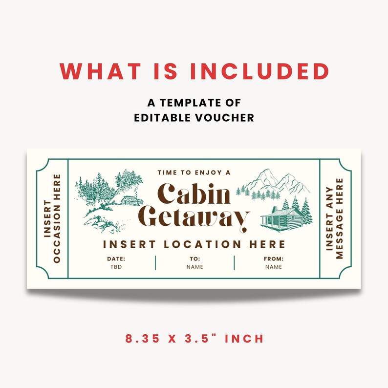 K&ouml;nnte beinhalten: Eine Vorlage f&uuml;r einen editierbaren Gutschein mit dem Thema H&uuml;ttenurlaub. Das Design zeigt Illustrationen einer H&uuml;tte, Berge und B&auml;ume in Gr&uuml;n- und Braunt&ouml;nen. Der Gutschein misst 21,21 x 8,89 cm.