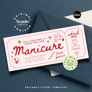 Manicure Voucher Gift Coupon,Editable Personalized Ticket, Nail Salon Ticket,Birthday Gift Vouchers Certificate,Printable Voucher, Madi Pedi image 1