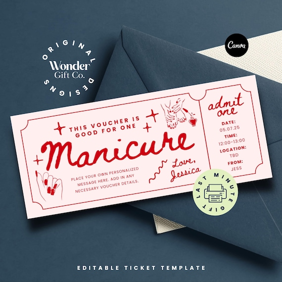 Manicure Voucher Gift Coupon,Editable Personalized Ticket, Nail Salon Ticket,Birthday Gift Vouchers Certificate,Printable Voucher, Madi Pedi