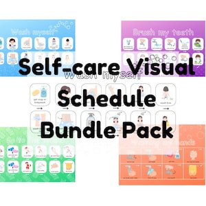 May include: A set of colorful visual schedule cards for self-care routines. The cards feature illustrations of children performing activities like washing hands, brushing teeth, and getting dressed. The text on the cards includes "Wash myself", "Brush my teeth", "Self-care Visual Schedule Bundle Pack", and "Wash my hands".