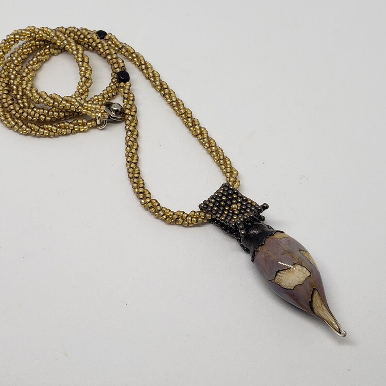 Light Weight Lampwork Glass Pendant Elegant Gold and Bronze Electroform Technique Pendant on Beaded Rope Artisan Pendant Long Necklace