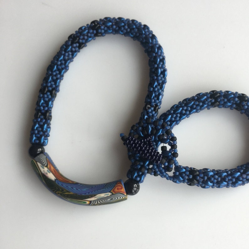 Beaded Clasp. Polymer Clay Bead Super Duos Choker Necklace Beaded Rope Ethnic Theme African Theme Royal Blue and Black Long Choker