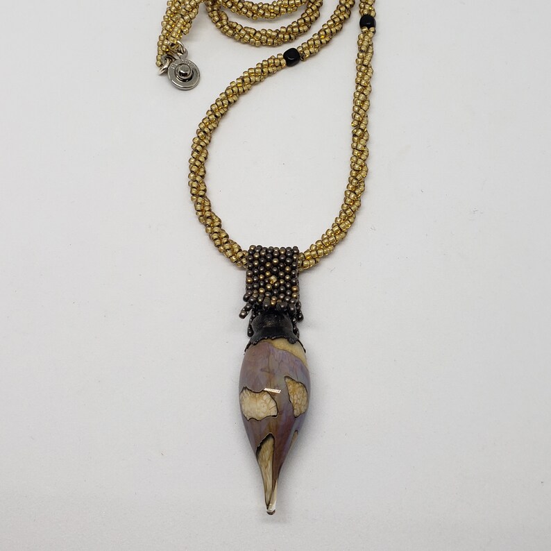 Light Weight Lampwork Glass Pendant Elegant Gold and Bronze Electroform Technique Pendant on Beaded Rope Artisan Pendant Long Necklace