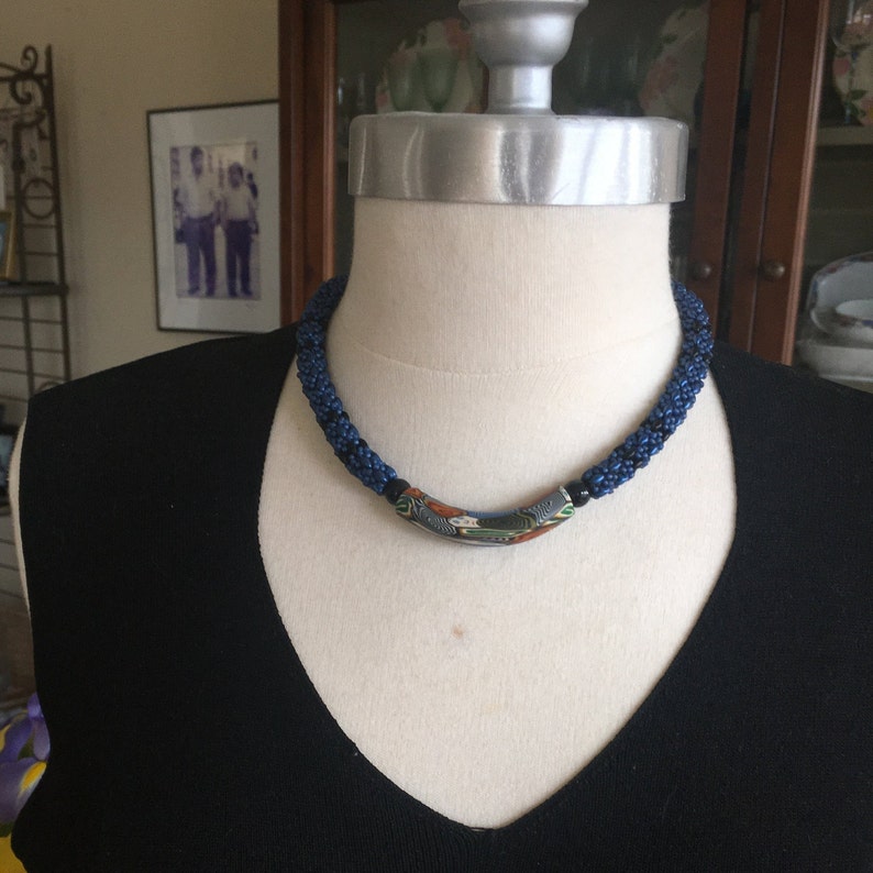 Beaded Clasp. Polymer Clay Bead Super Duos Choker Necklace Beaded Rope Ethnic Theme African Theme Royal Blue and Black Long Choker