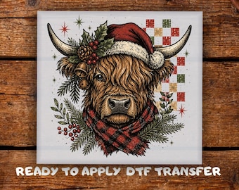 Christmas Highland Cow DTF Transfer,  Festive Buffalo with Santa Hat, Holly, Pine Ready to Press,  Farmhouse Christmas Heat Transfer