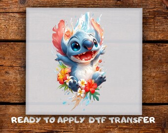 Stitch Cute Baby Blue Alien DTF Tropical Splash Cartoon Shirts Ready To Press Funny Summer Floral Character Heat Press Design for Kids