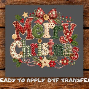 May include: A graphic design featuring the text Merry Christmas in a stitched fabric style with red, green, and white plaid and polka dot patterns. The design includes a plaid bow, wooden buttons, holly leaves, berries, and stars.