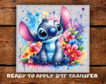 Cute Baby Stitch Watercolor DTF Transfer, Tropical Splash Cartoon Blue Alien Shirts Ready To Press, Funny Design for Kids Heat Press