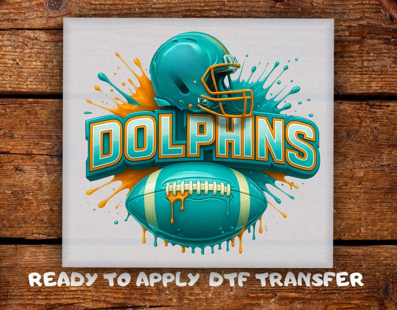 Transferencia DTF de fútbol con casco verde azulado, balón Splash Dolphin Team Spirit, listo para prensar, impresión adorable del día del partido en Miami para prensa de calor deportiva. imagen 1
