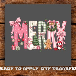May include: A graphic design on a dark gray background featuring the word MERRY in large letters. The letters are decorated with pink stars, green gingham, and stripes. Illustrations include a snowman, Christmas tree, gingerbread man, penguin, gifts, bows, and a wreath.