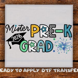 Mister Pre-K Grad DTF Transfer, Graduation Cap Fireworks Star Checkerboard Patchwork Ready To Press, Preschool Celebration Heat Transfer