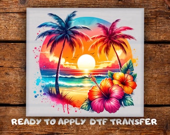 Summer Hibiscus Flower Palm Trees DTF Tropical Sunset Boho Beach Shirt Ready To Press , Vibrant Island DTF Transfer Summer Ready For Press