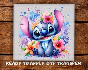 Floral Stitch Watercolor DTF Transfer, Tropical Splash Cartoon Blue Alien Shirts Ready To Press, Funny  Design for Kids Heat Press