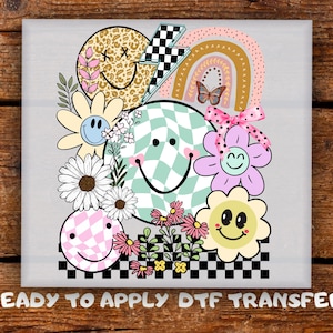 Groovy Smiley Faces DTF Retro Aesthetic Floral Shirt Ready To Press Checkered Rainbow DTF Transfer Ready For Press Funny Tee Heat Transfer