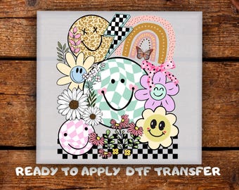 Groovy Smiley Faces DTF Retro Aesthetic Floral Shirt Ready To Press Checkered Rainbow DTF Transfer Ready For Press Funny Tee Heat Transfer