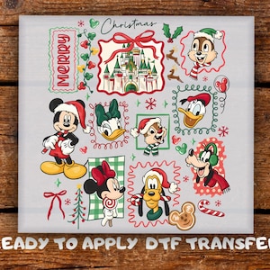 May include: A DTF transfer featuring various Disney characters in Christmas attire. Mickey Mouse, Minnie Mouse, Donald Duck, and Chip and Dale are depicted with holiday elements like Santa hats, candy canes, and a castle. The text "Merry Christmas" is also included.