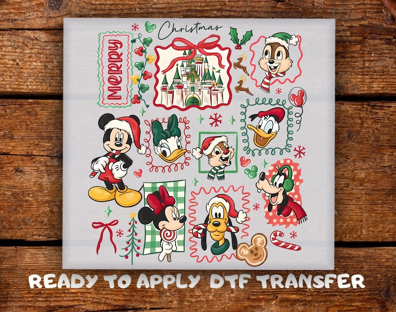 May include: A DTF transfer featuring various Disney characters in Christmas attire. Mickey Mouse, Minnie Mouse, Donald Duck, and Chip and Dale are depicted with holiday elements like Santa hats, candy canes, and a castle. The text "Merry Christmas" is also included.